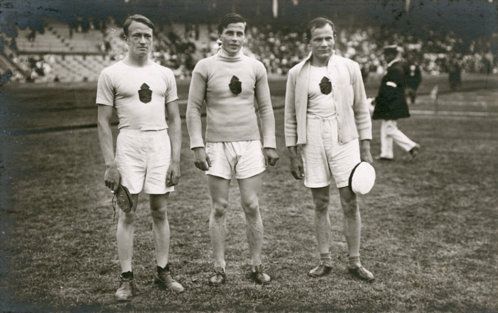 Olympic Games in Stockholm, Sweden, 1912. Sukaniomi, Saaristo, Peltonen, the winner of throwing the javelin .. Date: 1912