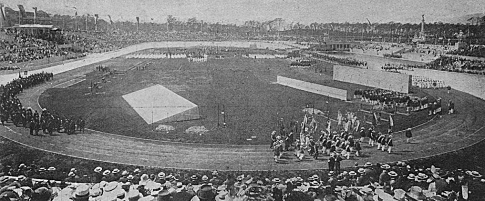 Opening of the stadium in Berlin, Germany, intended as the venue for the 1916 Olympic Games. Due to the First World War, the Games were never held. Date: 1913