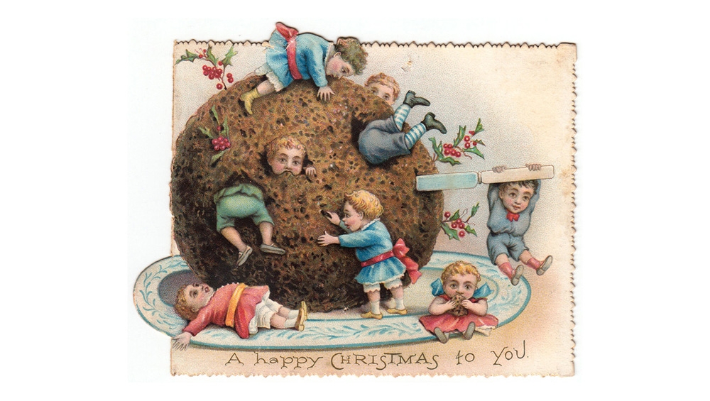 Children attacking a large pudding on a Christmas card. Date: circa 1890s