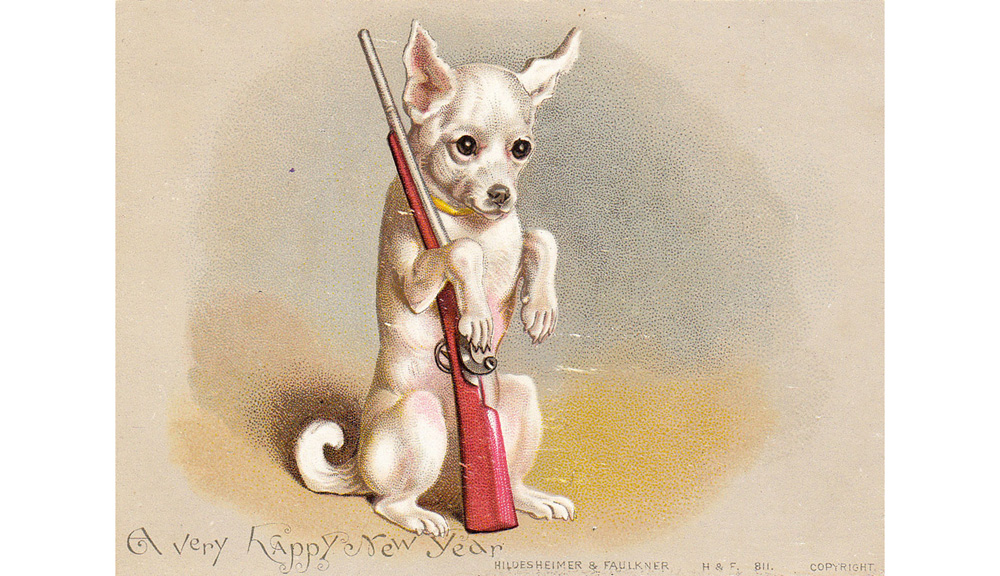 Little dog with a toy gun on a New Year card. circa 1890s