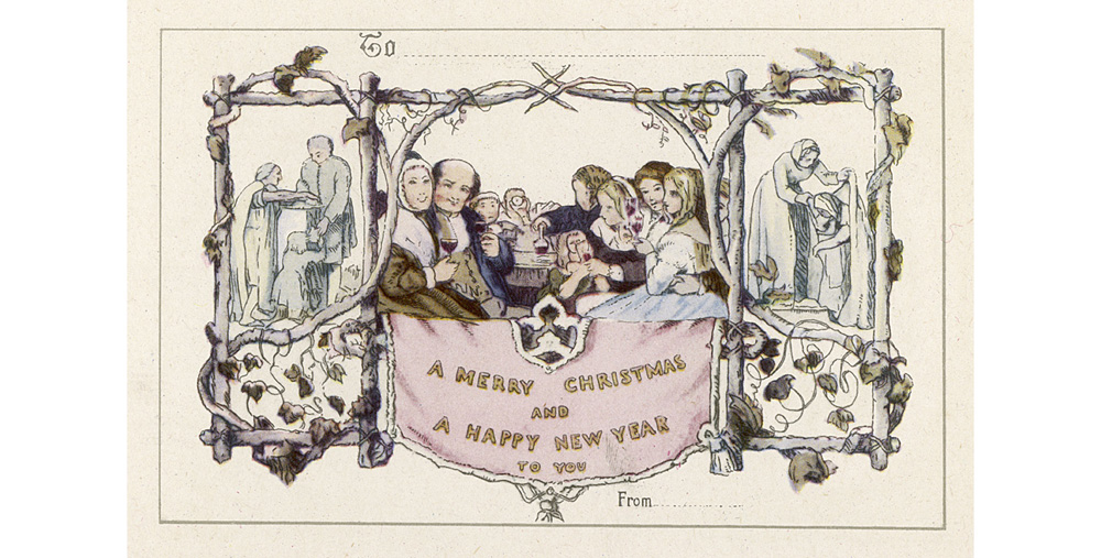 Reputedly the first Christmas card, this was designed by Horsley in 1843, and a coloured version sent out by Sir Henry Cole in 1846 Date: 1843-1846