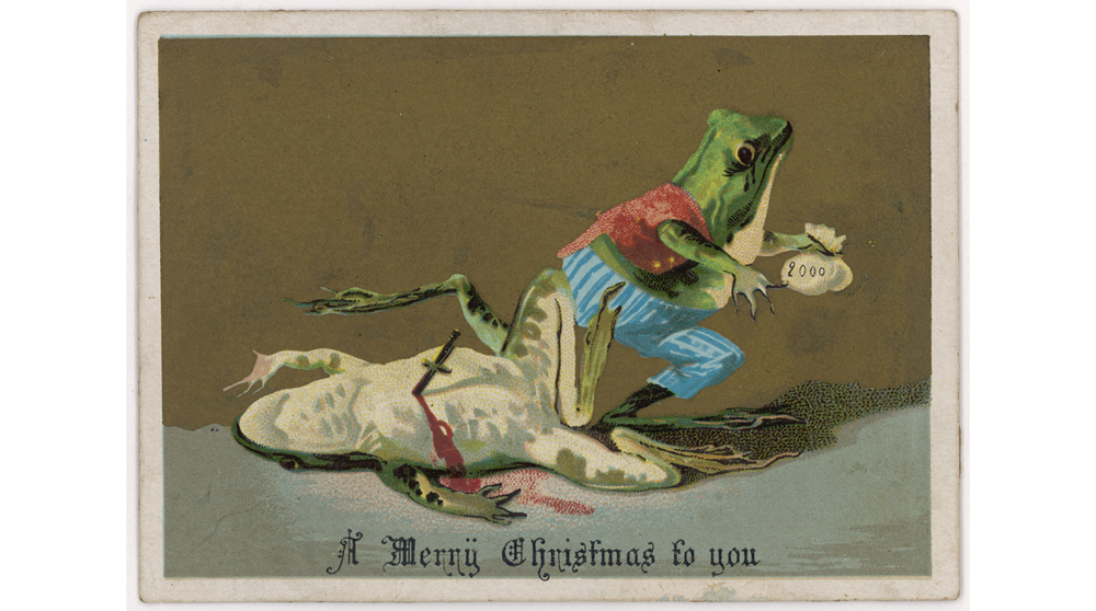 A frog murders another frog for money - a somewhat bizarre Christmas subject ! Date: circa 1880