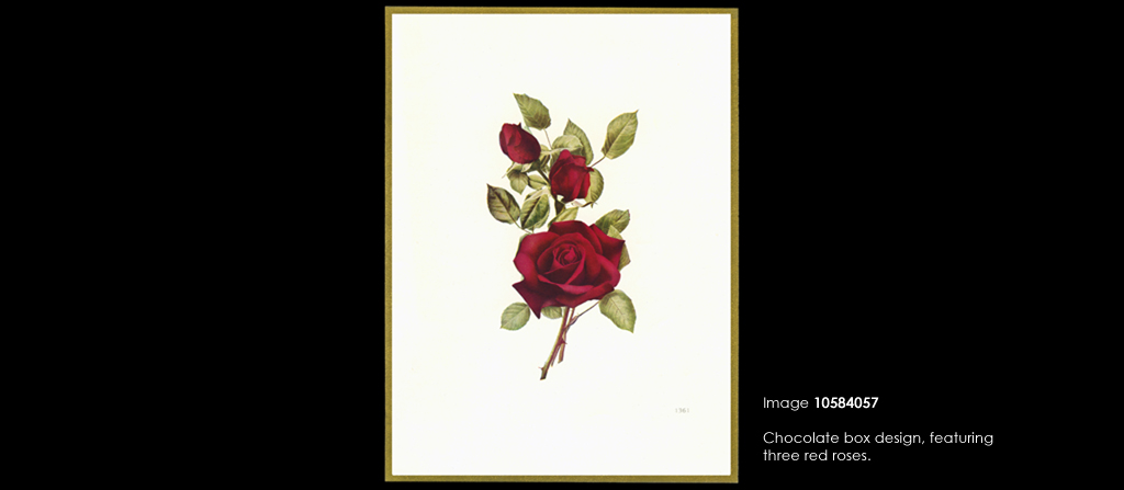 Chocolate box design, featuring three red roses. Date: 20th century