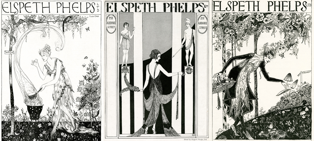 Advertisement for Elspeth Phelps fashion house, one of a series of highly stylised and witty adverts designed by Lady Eileen Orde (daughter of the 4th Duke of Wellington), all featuring upper class characters in various situations wearing a Phelps design. Date: 1920