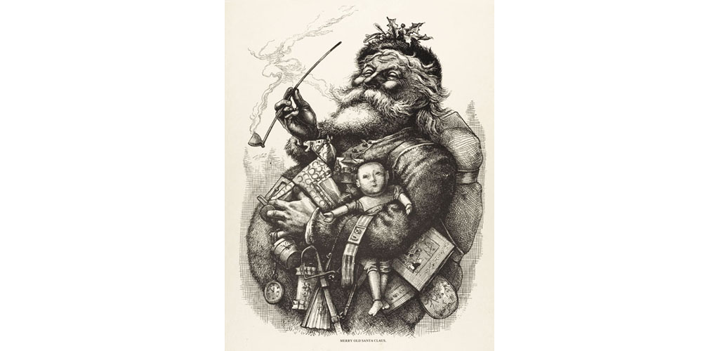 A pot-bellied Father Christmas with lots of presents. Date: circa 1870