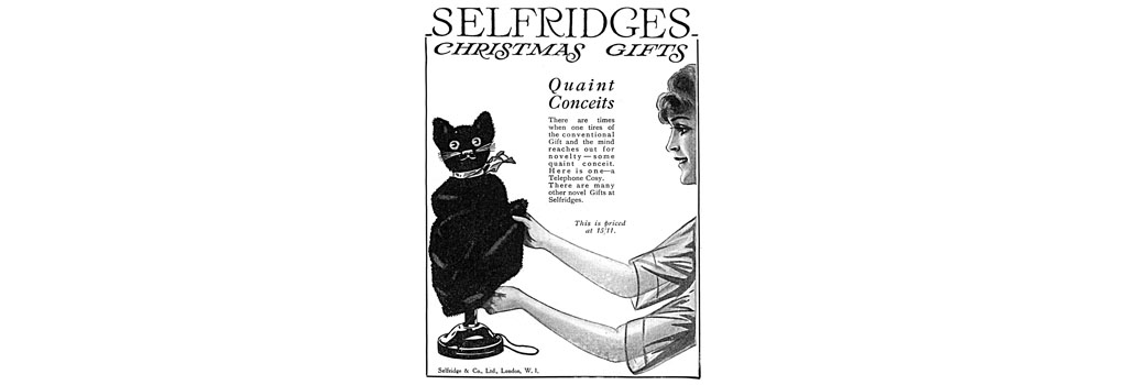 Cat telephone cosy from Selfridges, 1919