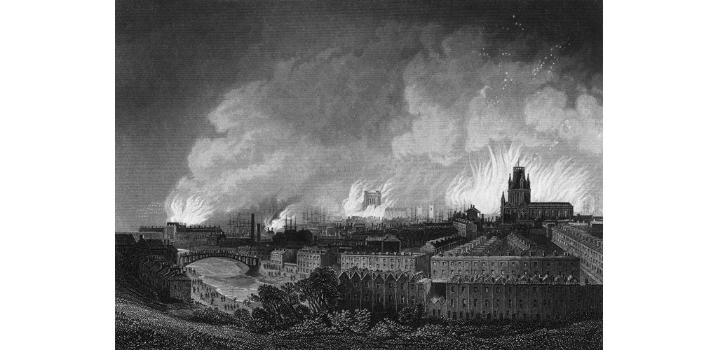 In Bristol, where only 6000 of the 104,000 population had the vote in 1830, a crowd protest against the House of Lords defeat of the Reform Bill by burning 100 houses Date: 31 October 1831