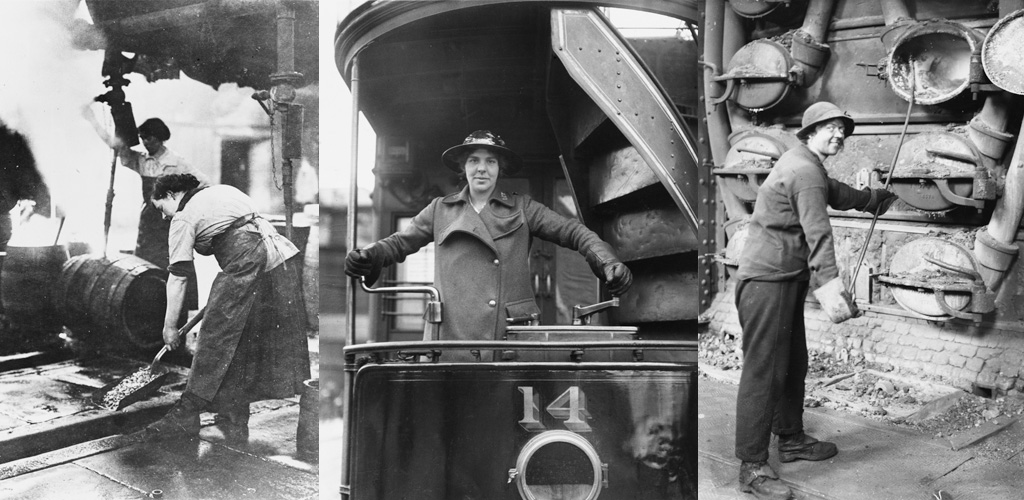 Women working in traditionally male roles during the First World War: cleaning casks at a brewery, driving a tram, and at a gas works