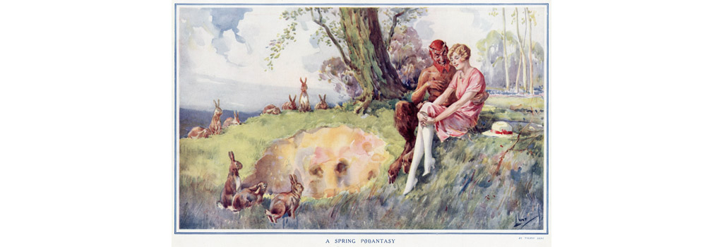 Drawing on a popular theme of the 1920s, a rather sexually rampant looking faun with horns, disturbing red hair and beard and huge hairy legs ending in cloven hooves, sits with a virginal looking blonde girl, her white stockinged legs and pink dress in stark contrast to his virile, hirsuite appearance. Date: 1928