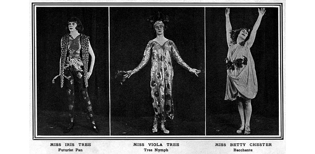 From left, Miss Iris Tree as a futurist Pan, Miss Viola Tree as a tree nymph and Miss Betty Chester as a Bacchante, all guests at the themed 'Pan' Ball held at Covent Garden in aid of Bart's Hospital in January 1920. The theme of Pan was hugely popular during the 1920s and the ball was organised by the newly launched, but fairly short-lived, Pan magazine. Date: 1920