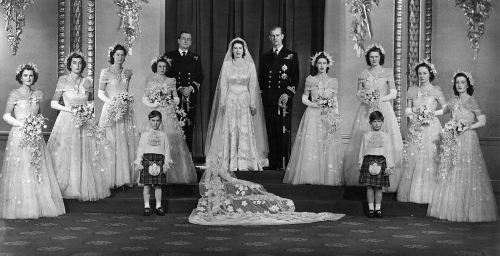 Group photograph following the wedding of Princess Elizabeth and Prince Philip, Duke of Edinburgh showing the newlyweds with their best man, bridesmaids and page boys. Date: 1947