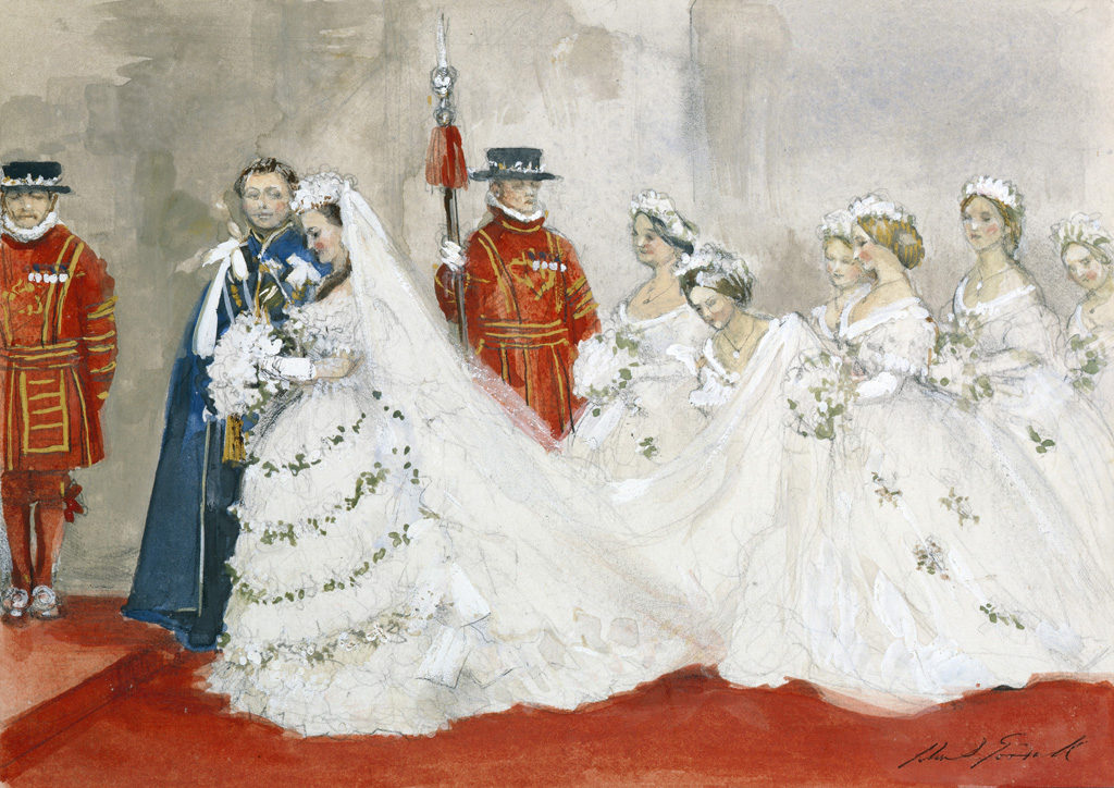 The Wedding' Bride in white with six bridesmaids, Groom in blue military costume, two Beefeaters (Yeomen Warders) standing guard