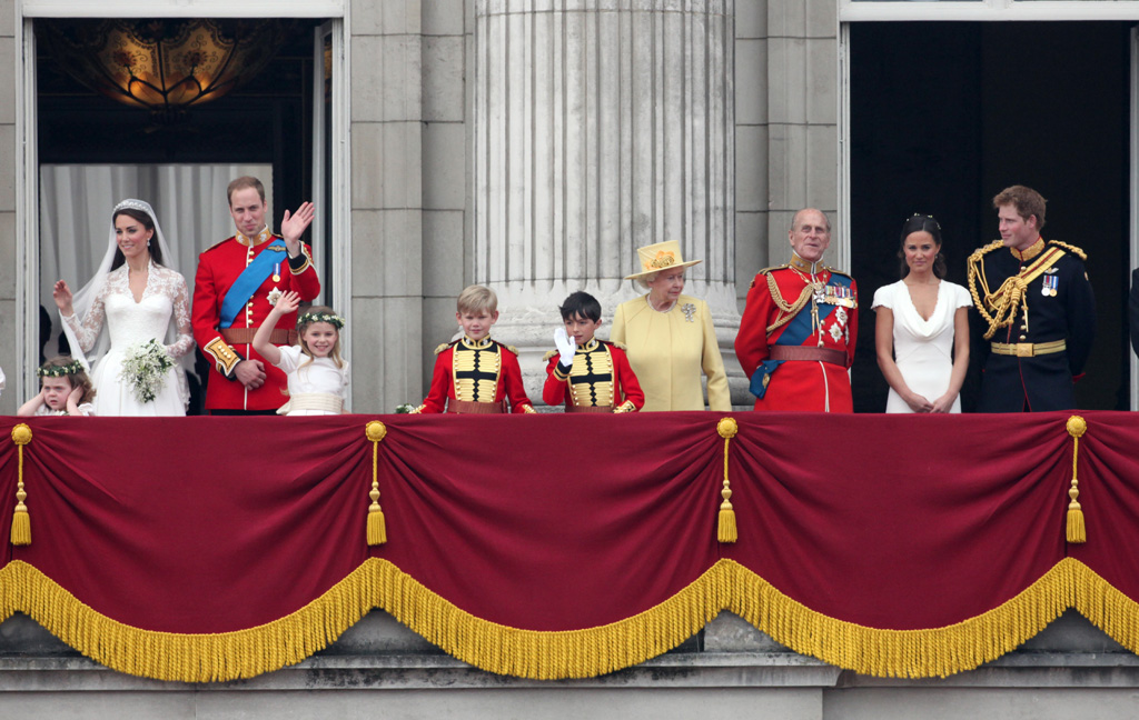 Princess Catherine Middleton and Prince William after their wedding ceremony on the balcony of Buckingham Palace with bridesmaids Grace van Cutsem and Margarita Armstrong-Jones, page boys William Lowther-Pinkerton and Tom Pettifer, Queen Elizabeth II, Prince Philip, Pippa Middleton and Prince Harry. Date: 2011