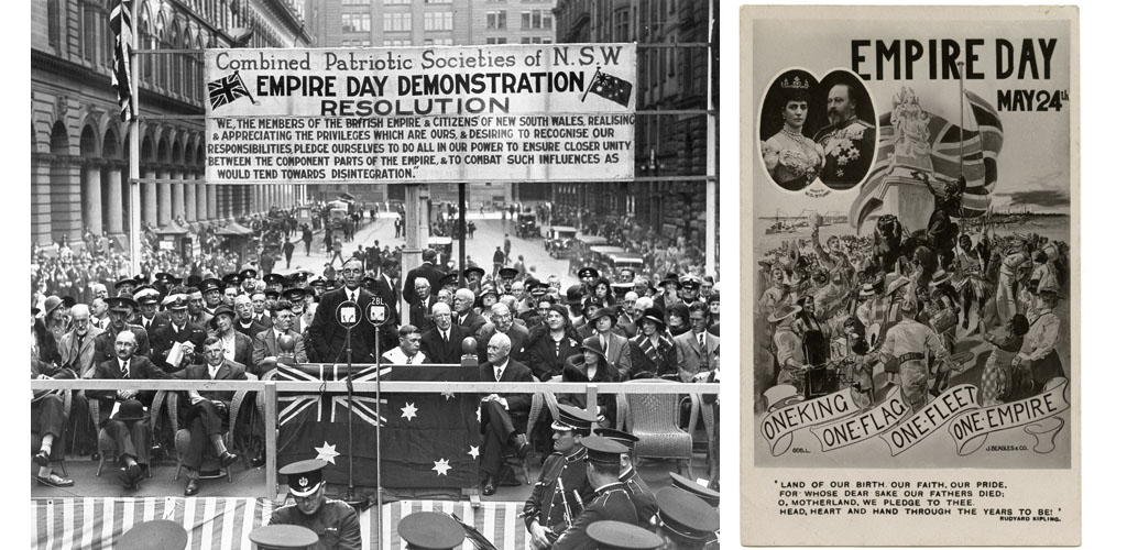 Sir Philip Game during his speech in the Martin Place in Sydney at the celebration of the Empire Day of Combined Patriotic Societies of N.S.W. Next to him in vestment, the Lord Mayor of Sydney, left in the background, the main post office building. Above the people there is a banner with the words 'Empire Day Demonstration'.