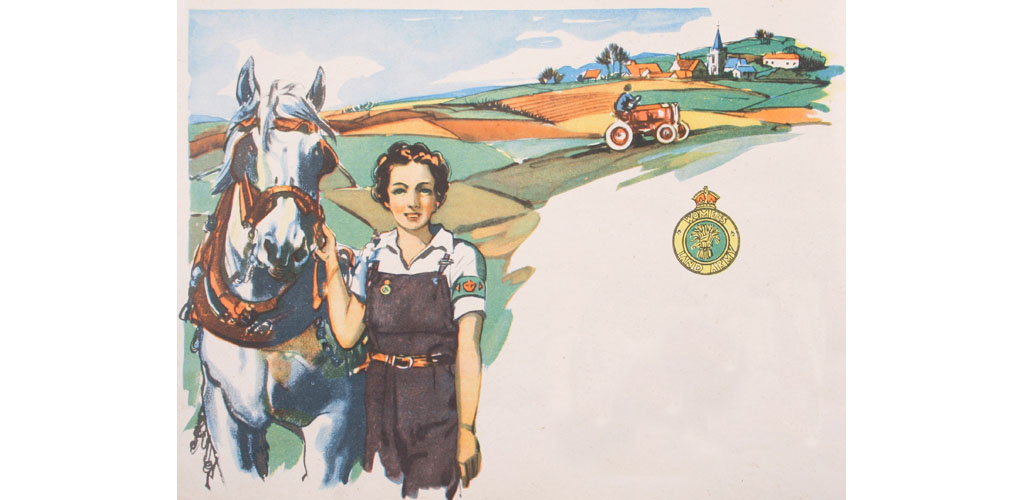 World War Two, 1940s, Women's Land Army, tractor, horse, harness, girl on dungarees, fields, village. . Date: