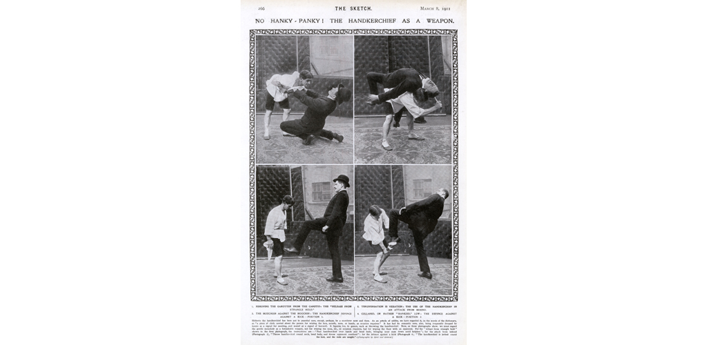 A series of photographs from The Sketch showing, 'the gentle mouchoir as a formidable weapon...for wiping the floor with an opponent'. Date: 1911