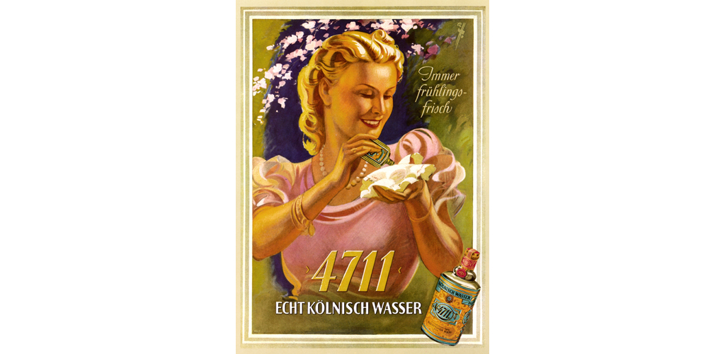 advertising, cosmetics, 4711, real eau-de-cologne, slogan: Immer fruehlingsfrisch (anytime springtime fresh, made by: Ferd. Muelhens, Cologne, Germany, circa 1939, Date: