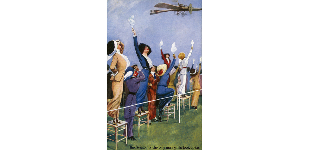 'The Aviator is the only man girls look up to' A very beautifully drawn and interesting postcard, with strong leaning toward the Women's Suffrage movement during this period in the United Kingdom. These strong and confident women see that the only time it is necessary to 'look up' at a man is when he is flying above in an aeroplane. Date: circa 1910