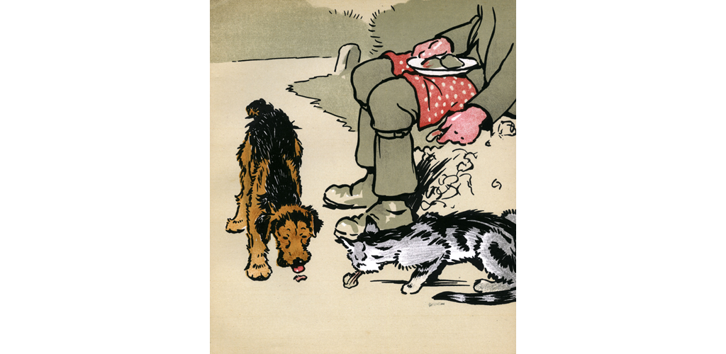 Illustration by Cecil Aldin, Jack and Jill. Jack the dog and Jill the cat, tired and hungry on their journey, are given something to eat by a friendly stonebreaker. Date: 1914