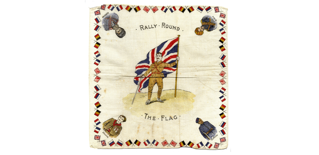 Printed cotton handkerchief. 'Rally round the flag' First world war souvenir. British Tommy with union flag. Surround of flags and allied forces. Zouave. Gurkha. Russian. Sikh. 1918