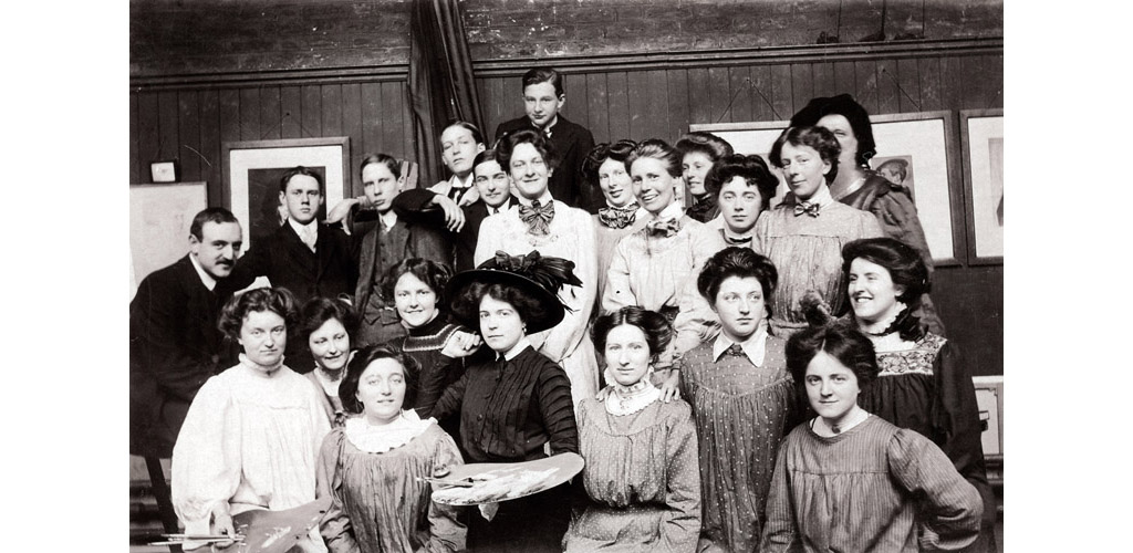 Students at the Painting School, Pelham Street, nr. South Kensington Station, London. Principals: A. S. Cope, A.R.A and J. Watson Nicol. Date: 1910