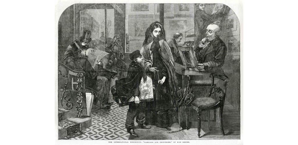 Engraving after the painting by Emily Mary Osborn, which was exhibited at the Royal Academy in 1857 and subsequently at the 1862 International Exhibition. A young woman, recently bereaved, visits an art dealer in order to sell a painting. The picture conveyed the isolation felt by women artists at the time in the male-dominated world of art. Date: 1862