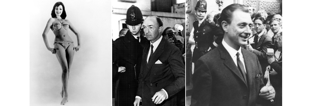 (left) Christine Keeler, early 1960s. (centre) British Minister of War John Profumo retuns home after admitting an affair with Christine Keeler, June 18, 1963. (right) Stephen Thomas Ward (1912-1963), the high society osteopath who introduced Christine Keeler to John Profumo, 1963.