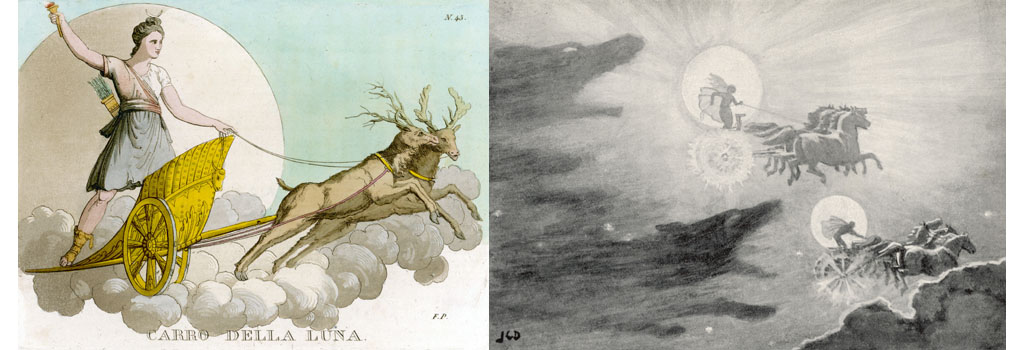 (left) Luna crossing the night sky in her deer-drawn chariot. (right) The wolves Skoll (repulsion) and Hati (hate) pursue Sol (sun) and Mani (moon) across the skies; if they should catch them, the world will be plunged again into darkness.