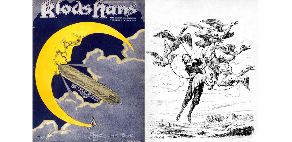 (left) Count Zeppelin's next destination - the Moon! Date: 1908 (right) 17th century space traveller Domingo Gonsales, who has trained wild swans to tow a burden through the air, is carried by them to the Moon, where they are accustomed to hibernate. Date: 1638