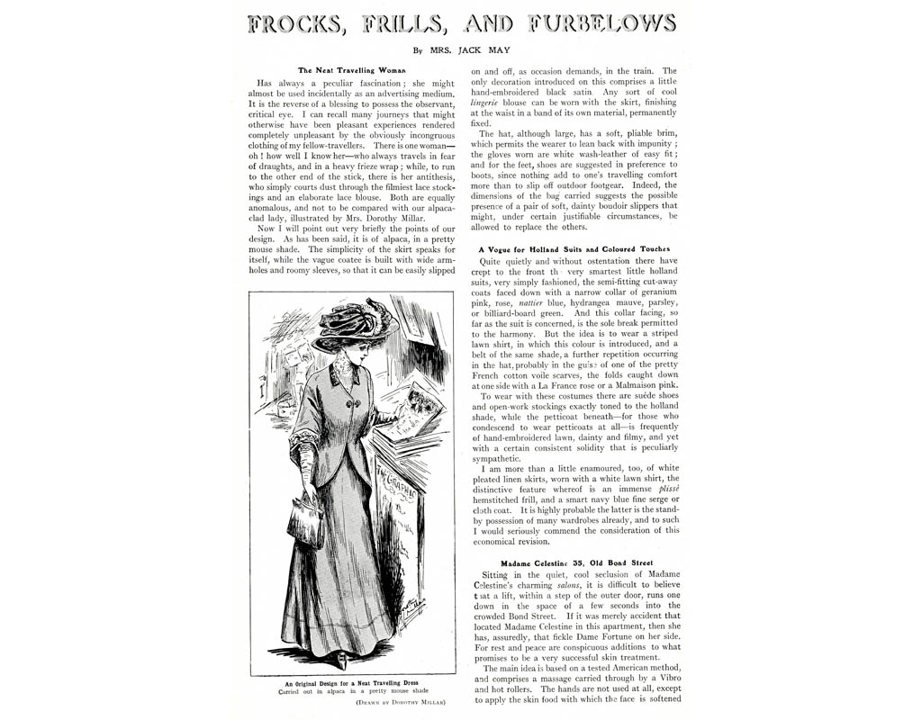 Frocks, Frills and Furbelows by Mrs Jack May. The Neat Travelling Woman. An original design for a neat travelling dress, carried out in alpaca in a pretty mouse shade. 1908. Date: 1908