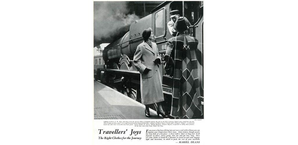 Travellers' Joys: the Right Clothes for the Journey. Talking to driver F.W. Page, who leans from the cab of a West of England express, the girl on the left is wearing Jaeger's pure camel hair top coat. On the right is Koupy's 'Romeo', a check wool tweed coat with clever set-on-the-cross back panel. 1950 Date: 1950