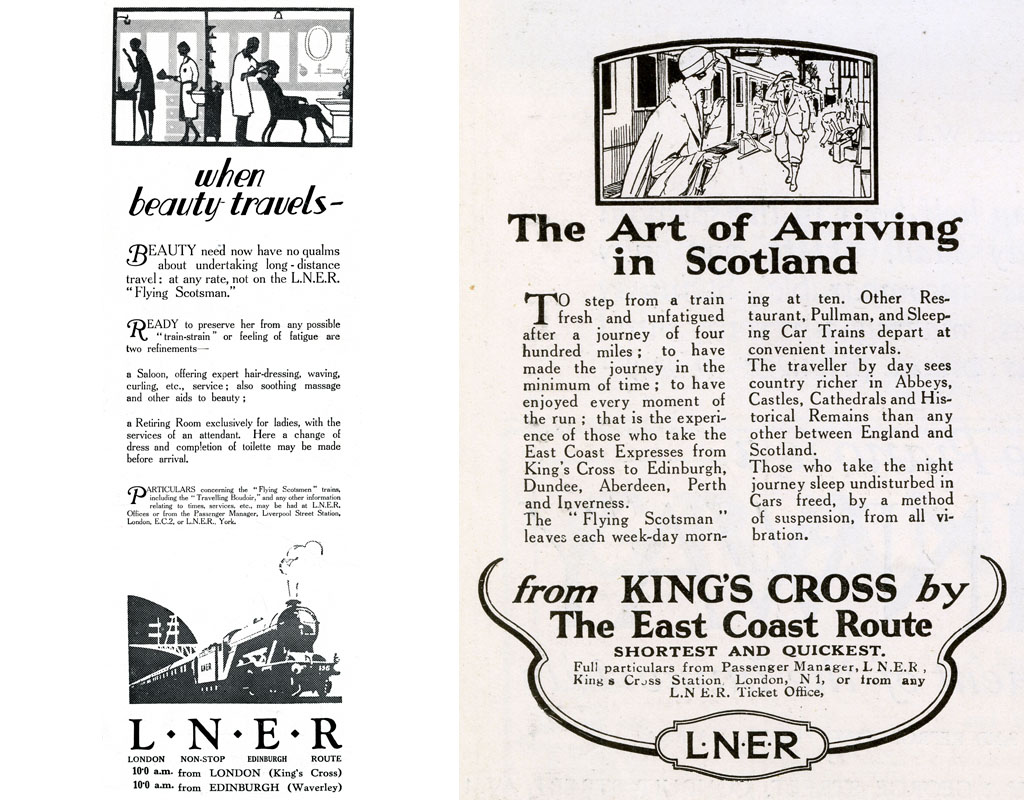 Page from The Bystander, 9th September 1925 featuring adverts for Phyllis Earle hairdressing salons, the millinery department at Marshall & Snelgrove, The Art of Arriving in Scotland from King's Cross by the East Coast Route by L.N.E.R., and Harvey Nichols of Knightsbridge. September 1925