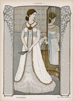A depiction of Winter: a woman in a reform style dress with uncorseted high waistline, fur-trimmed tunic & a skirt with embroidery. The back is reflected in the mirror. Date: 1903