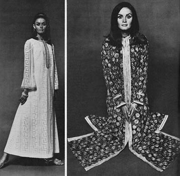 Model on the left wears a white Grecian style kaftan with silver braiding down the front, by Simon Ellis. The silver sequin sandals are from Magli and the gilt bangles is from India Craft. Model on the right wears an exotic black cotton dress lined in silk with silver embroidery in 'Tree of Life' design from Thea Porter. Date: 1966