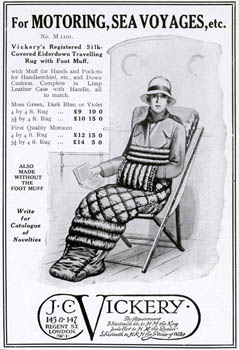 Advertisement for the Vickery's registered silk-covered eiderdown travelling rug with foot muff, ideal for reading on deck when it's a bit chilly! 1928