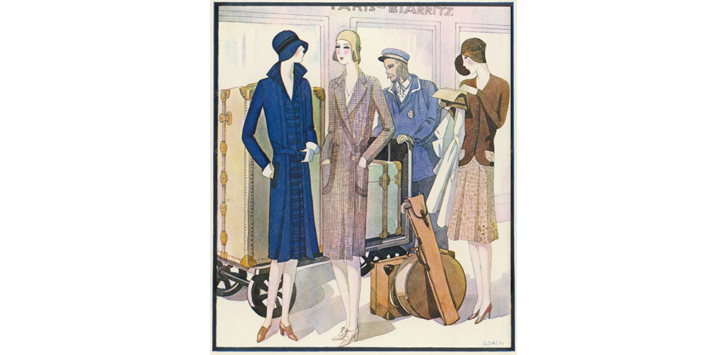 Three ladies are about to set off on a railway journey, while the porter copes with their ample luggage. Date: 1929