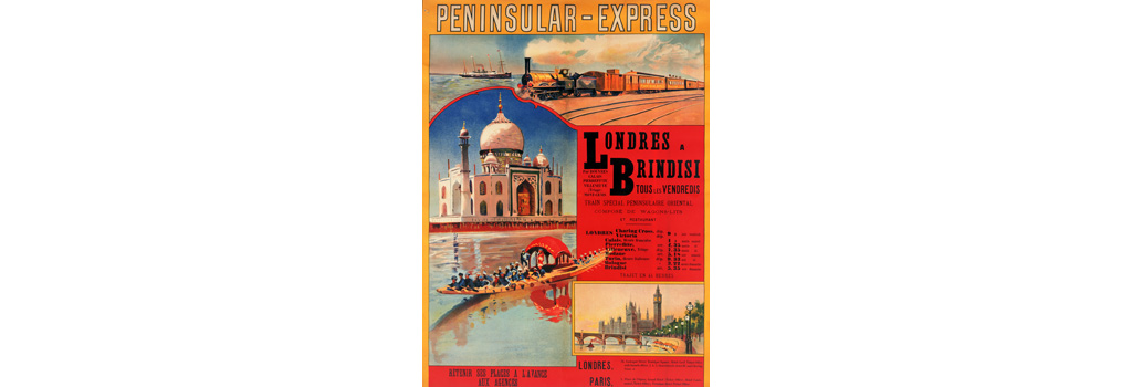 Poster, Peninsular-Express, London to Brindisi. A special train service calling at Dover, Calais, Pierrefitte, Villeneuve, Mont Cenis, Modane, Turin, Bologna, and Brindisi. Date: 20th century