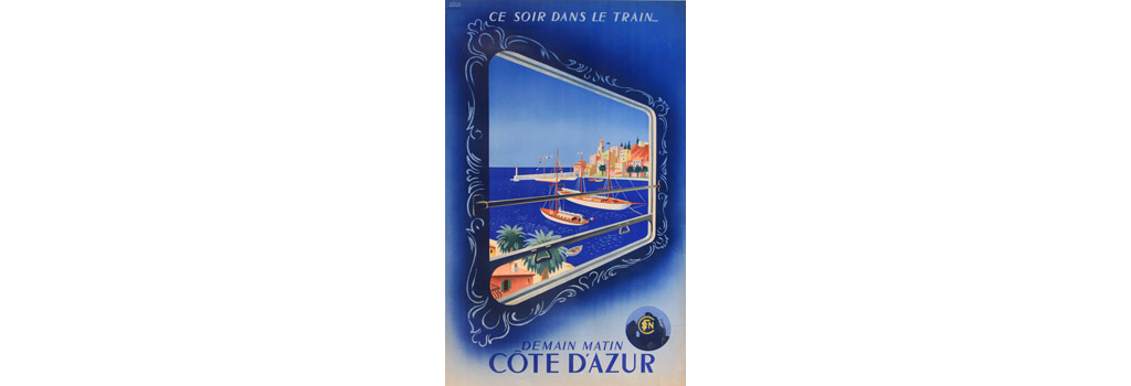 Poster, Cote d'Azur, South of France, by overnight train. Date: circa 1930s