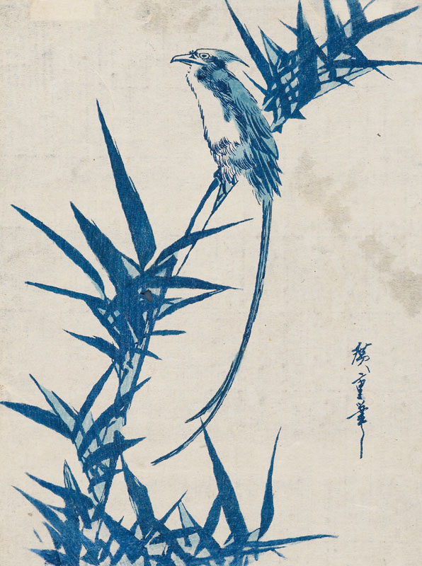 Utagawa Hiroshige print of Bird on a branch in blue.
19th century