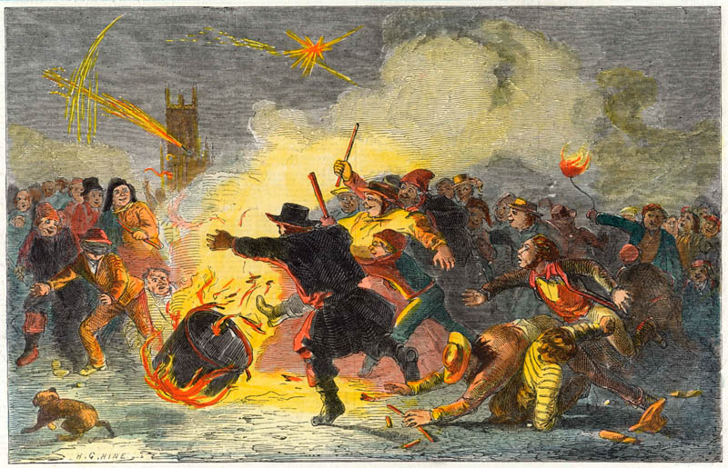 Rolling a tar barrel on November 5th at Brighton Date: 1853