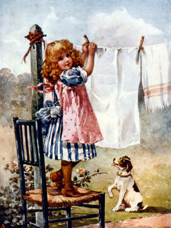 Little girl hanging out the washing, watched by a dog.
circa 1890