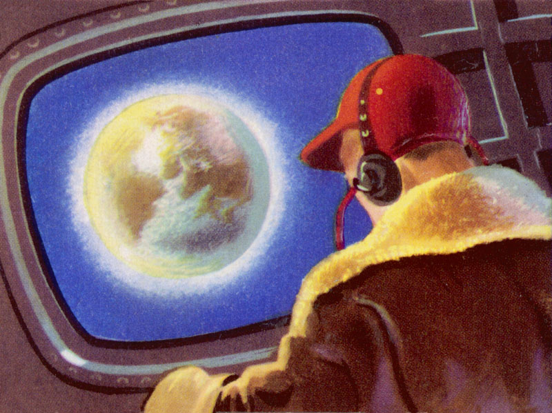 Space traveller watches Earth receding.
circa 1950