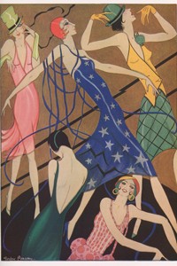 A fashion illustration showing models wearing various party dresses. Date: 20th June 1928
