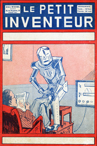 The servant of the future -- a robotic servant polishes a man's shoes while he sits reading in his armchair. Date: 1929