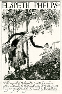 Advertisement for Elspeth Phelps fashion house, one of a series of highly stylised and witty adverts designed by Lady Eileen Orde (daughter of the 4th Duke of Wellington), all featuring upper class characters in various situations wearing a Phelps design. Date: 1920