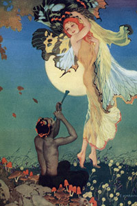 Colour illustration showing a dream-like scene of a piper playing for a beautiful lady with butterfly wings. Date: