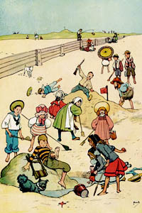 A jolly summer scene by John Hassall featuring children having fun on the beach, digging in the sand, tumbling about and laughing.
1902