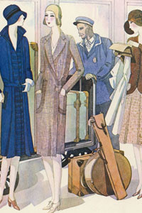 Three ladies are about to set off on a railway journey, while the porter copes with their ample luggage. Date: 1929