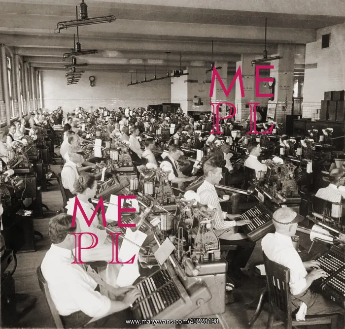 : 100 workers setting type on monotype machines, ? : 100 workers setting type on monotype machines, ?
