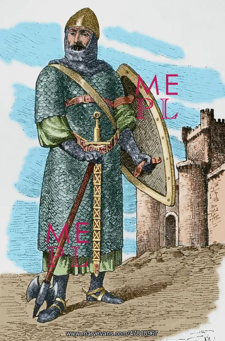 : 11th century warrior. Engraving. Later colouration : 11th century warrior. Engraving. Later colouration